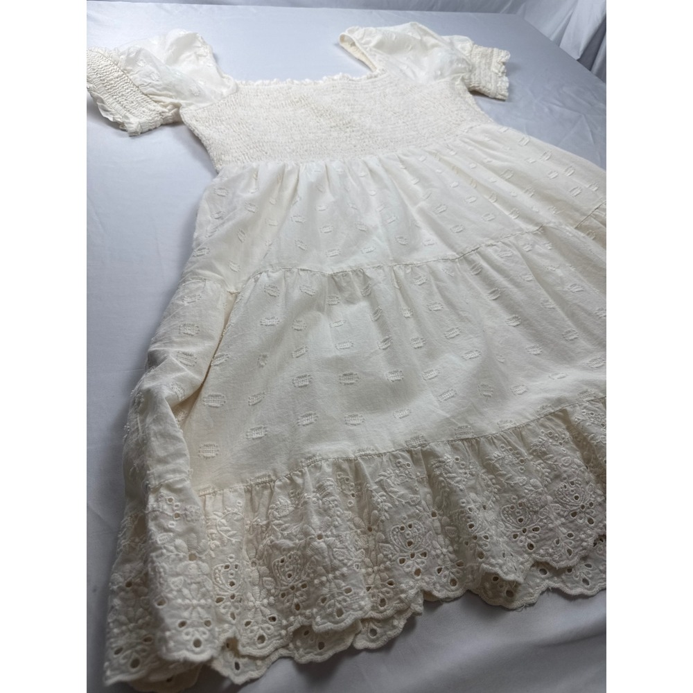 American Eagle Size L Ivory Smocked Eyelet Mini Dress Cottagecore Puff Sleeve - Picture 4 of 10